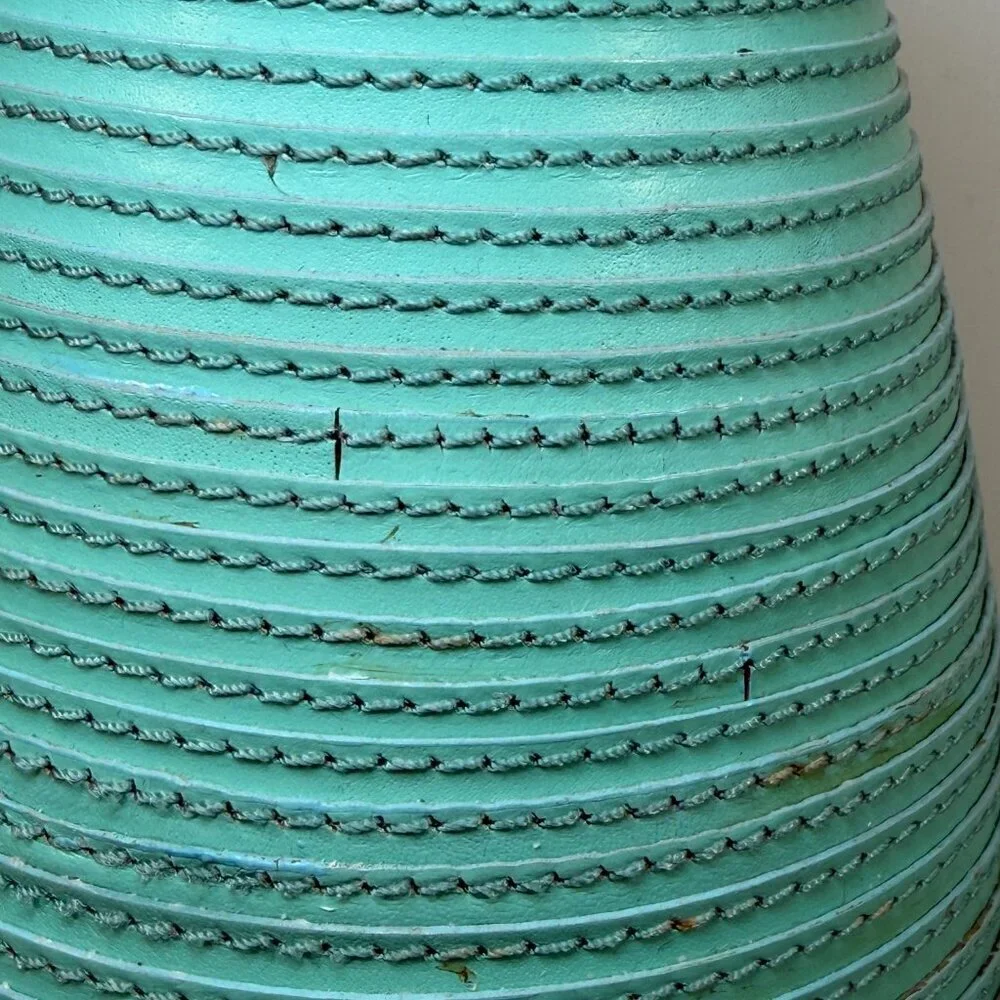 CRATE & BARREL Aqua Leather Spiral Wrapped Tall Vase Decor 10.5
